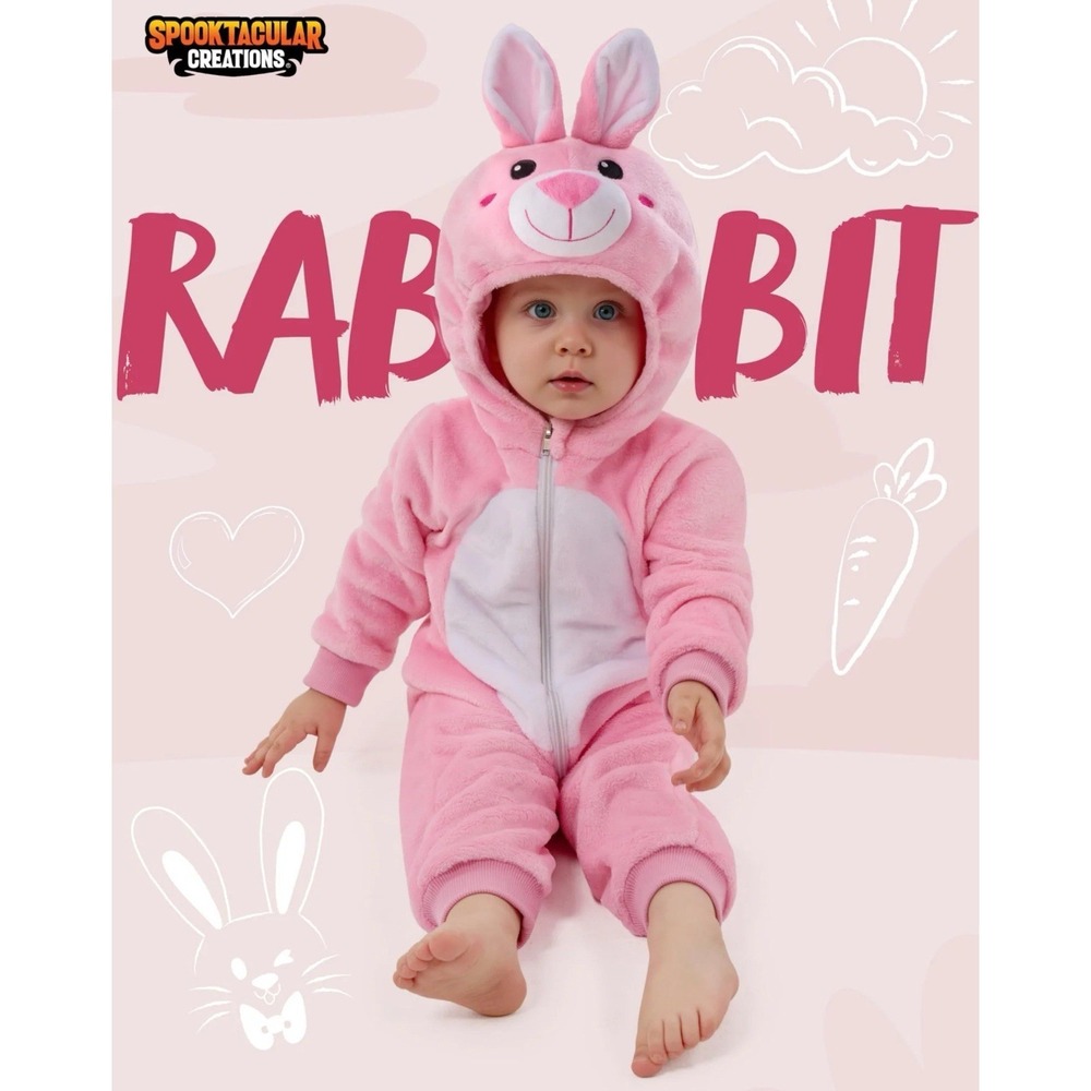 Spooktacular Creations Pink Rabbit Bunny Plush Hooded Onesie Costume Size 90